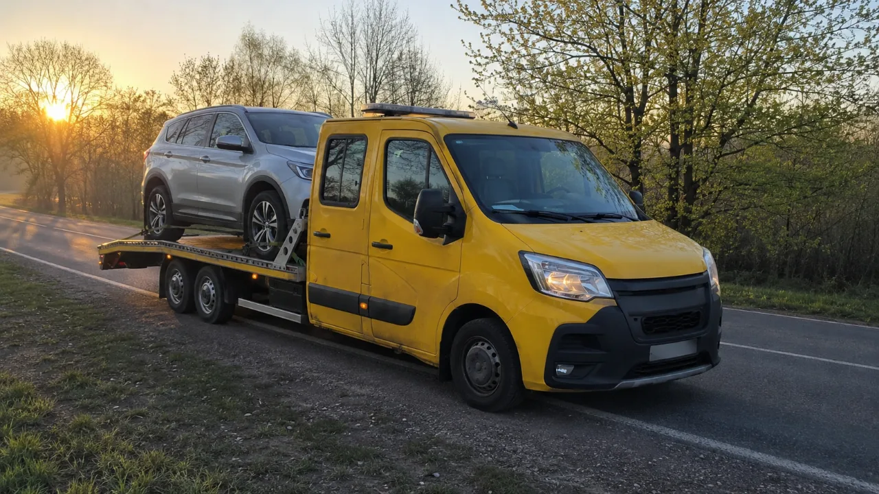 Laweta z SUV-em na platformie o wschodzie słońca – Piaseczno 24h