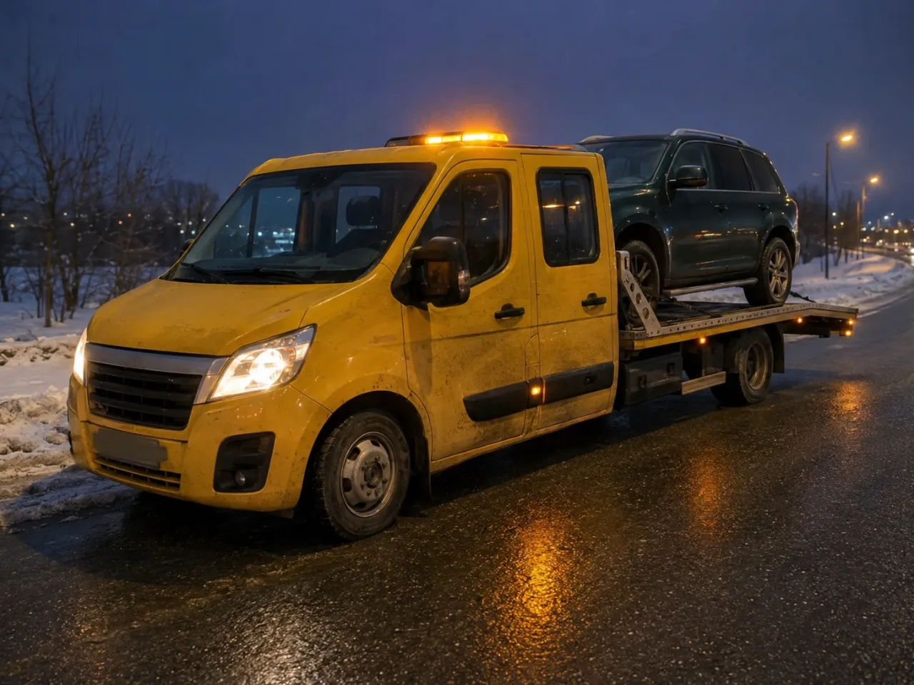 Pomoc drogowa po wypadku nocą – SUV na lawecie – Piaseczno
