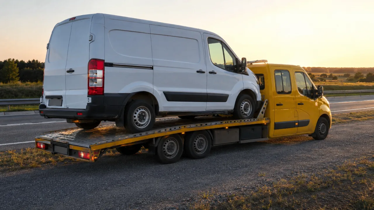 Transport busa na lawecie o zachodzie słońca – SANI-HOL Piaseczno