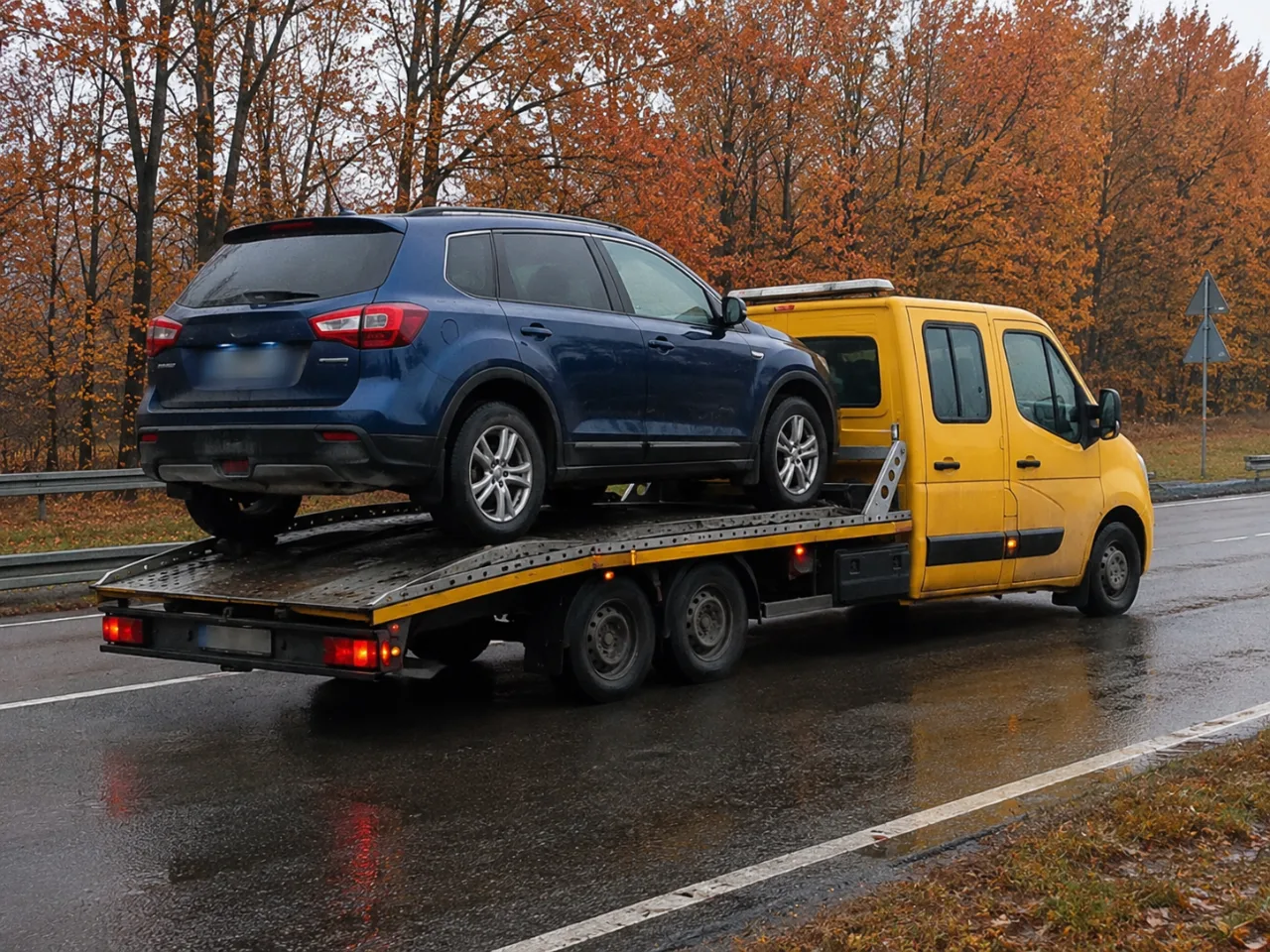 Transport SUV-a jesienią – pomoc drogowa S7 w okolicy Piaseczna