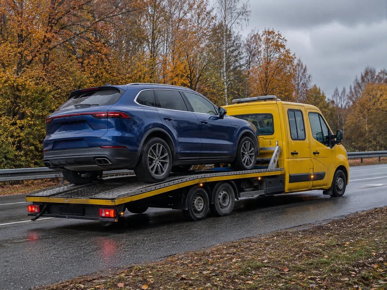 Laweta SANI-HOL z SUV-em na platformie – pomoc drogowa Piaseczno